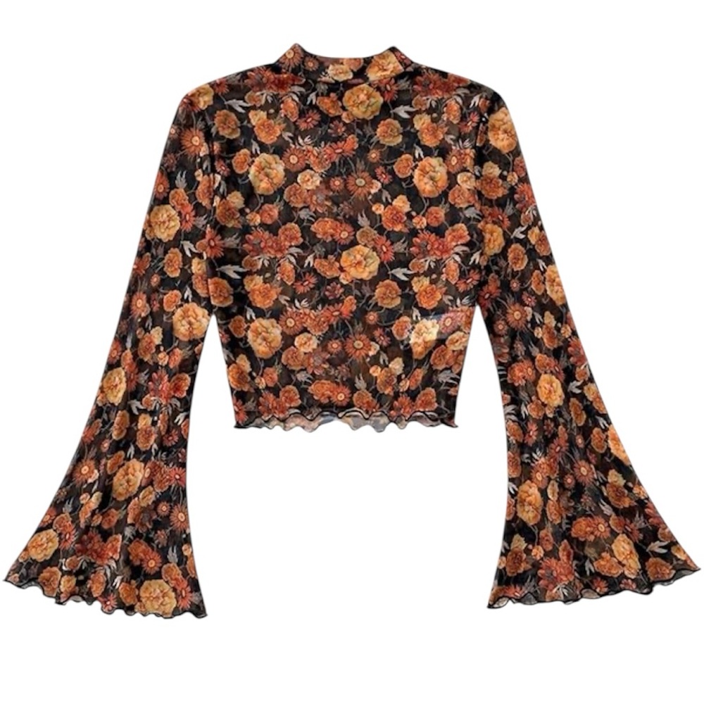 Black Sheer Floral Top Blouse Shirt Fall Boho Flare Sleeve L Large XL